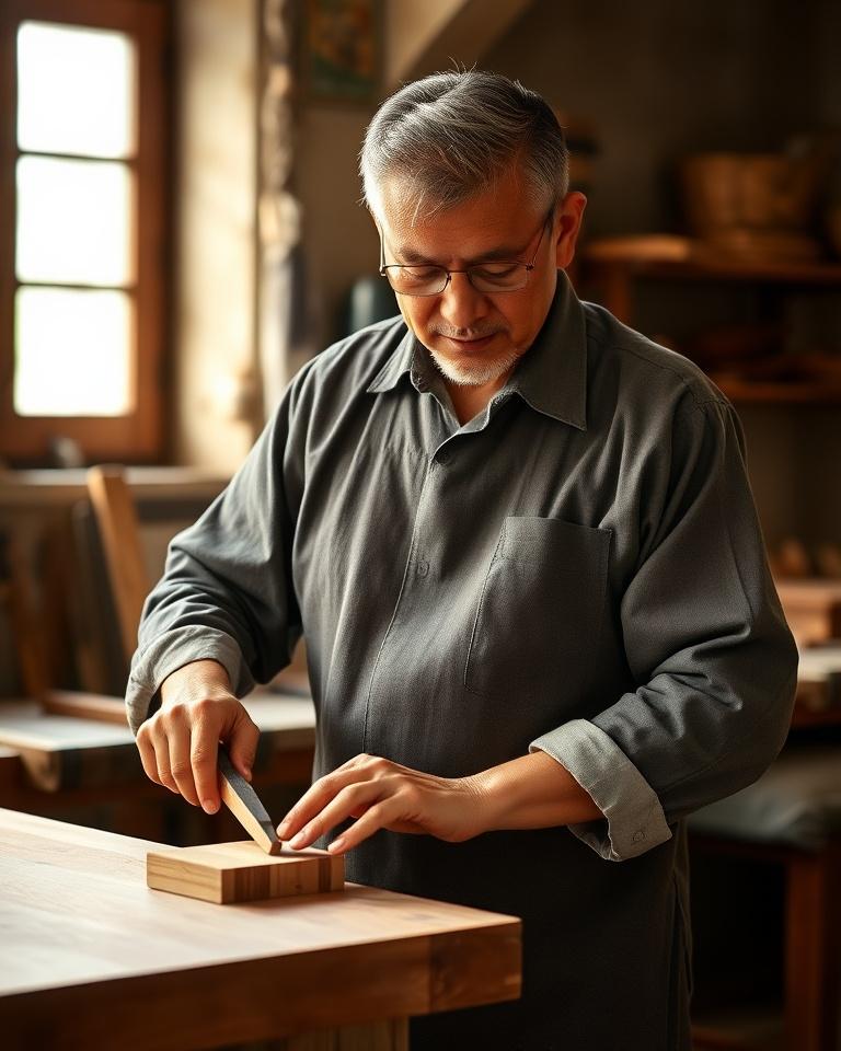 A senior cabinetmaker at his teak workbench