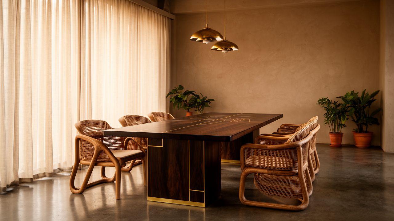 Walnut dining table and rattan chairs in a Kota Kinabalu atelier
