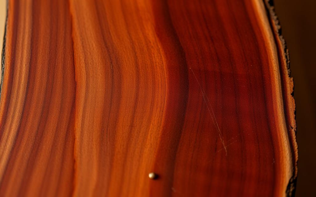 Polished slab of Malaysian merbau hardwood with brass detail