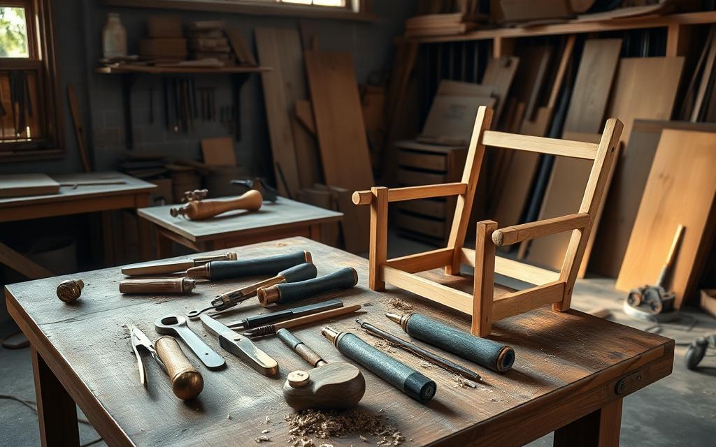 Hand tools and a half-finished oak armchair frame on a teak workbench
